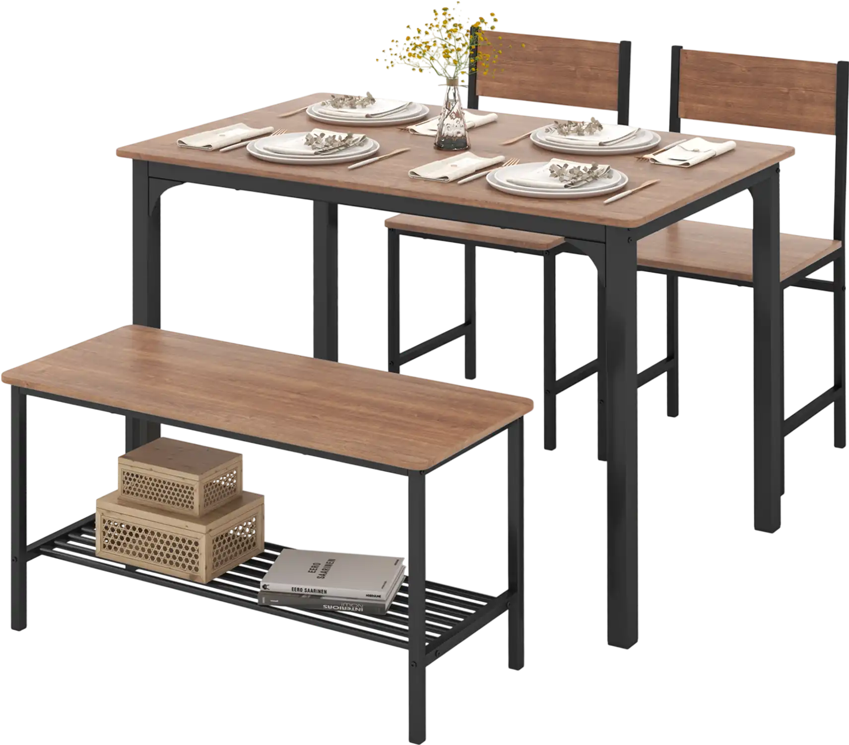 Costway 4-Piece Rustic Dining Table Set w/ 2 Chairs & Bench 59784301 New