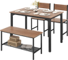 Rustic 4-piece dining table set with brown MDF tabletop, steel frame, includes 2 chairs and a bench for space-saving.