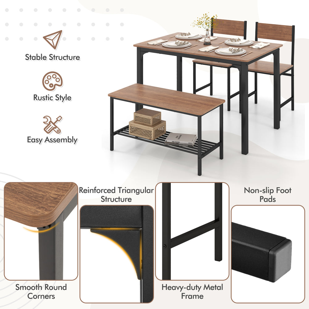 4-piece rustic dining table set in brown with a bench and 2 chairs, featuring a sturdy metal frame for space-saving use.