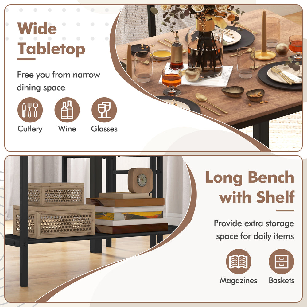 Rustic dining table set featuring a wide MDF tabletop, sturdy steel frame, and a long bench with shelf for storage.