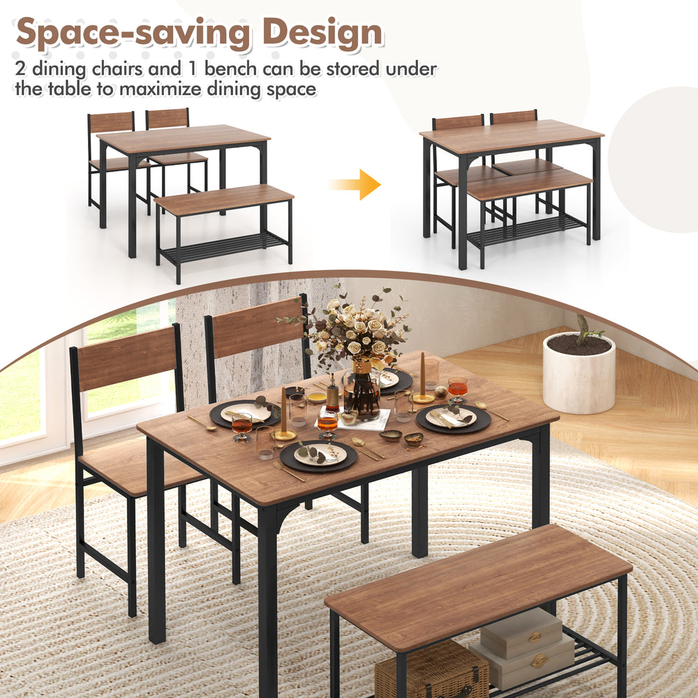 Rustic dining table set featuring a table, 2 chairs, and a bench in brown, ideal for space-saving dining solutions.