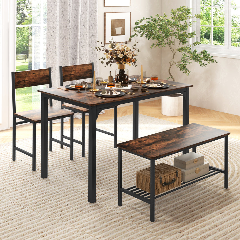 4 Pieces Rustic Dining Table Set with 2 Chairs and Bench-Rustic Brown - Gallery View 1 of 8