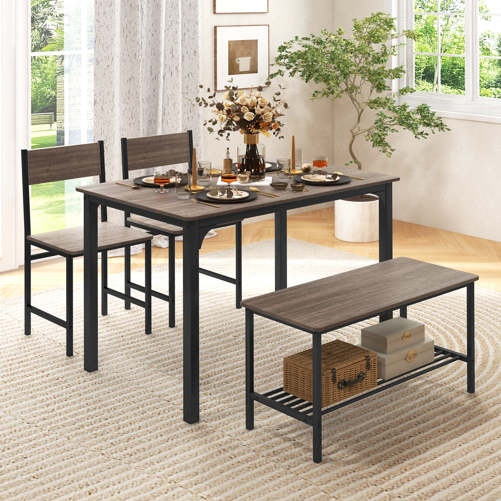 4 Pieces Rustic Dining Table Set with 2 Chairs and Bench-Gray - Gallery View 1 of 8