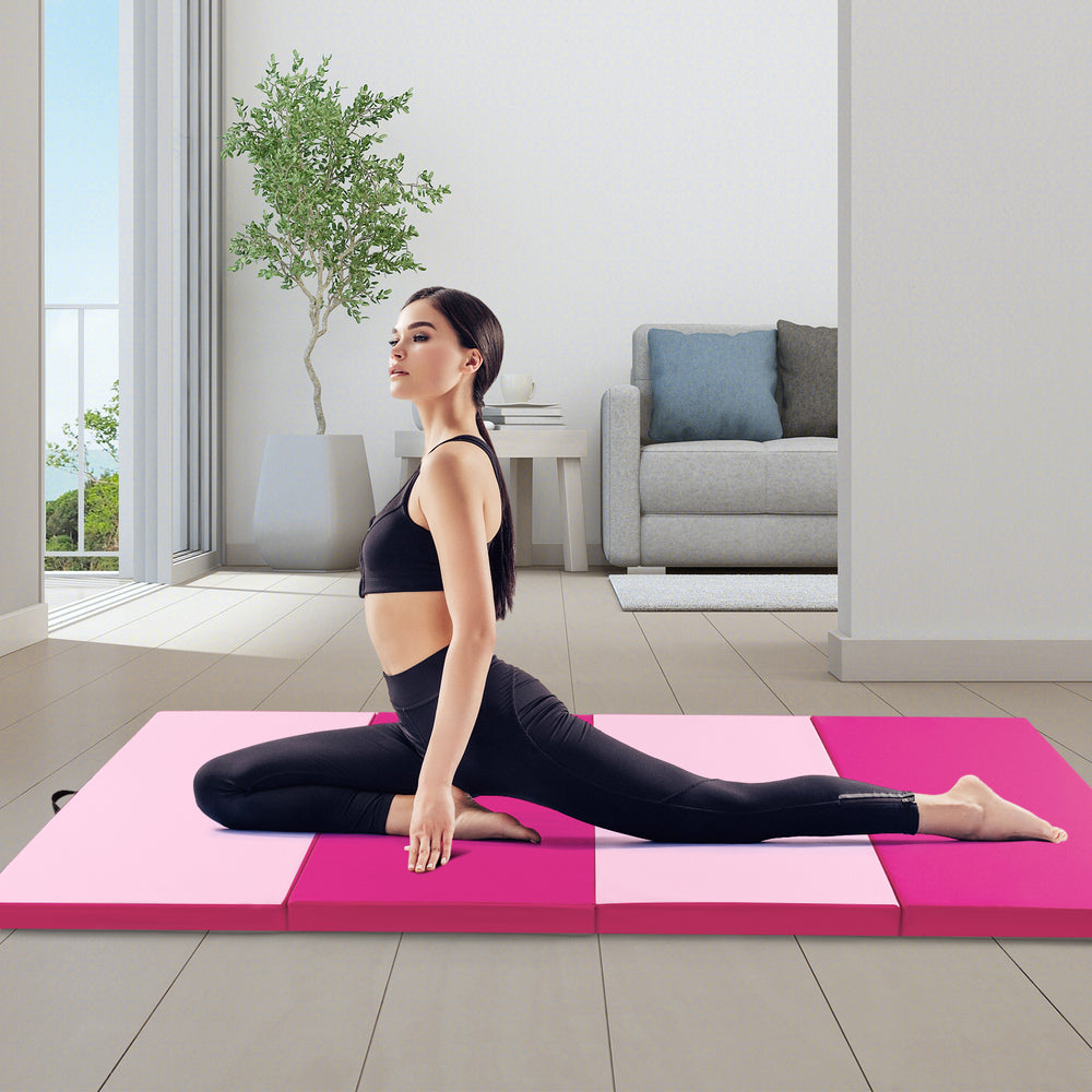 4-Panel PU Leather Folding Exercise Mat with Carrying Handles-Hot Pink - Gallery View 1 of 11