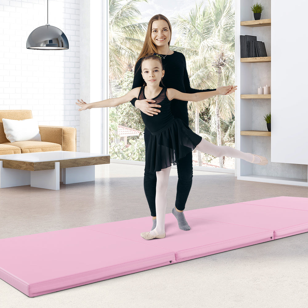 4-Panel PU Leather Folding Exercise Mat with Carrying Handles-Pink - Gallery View 1 of 11
