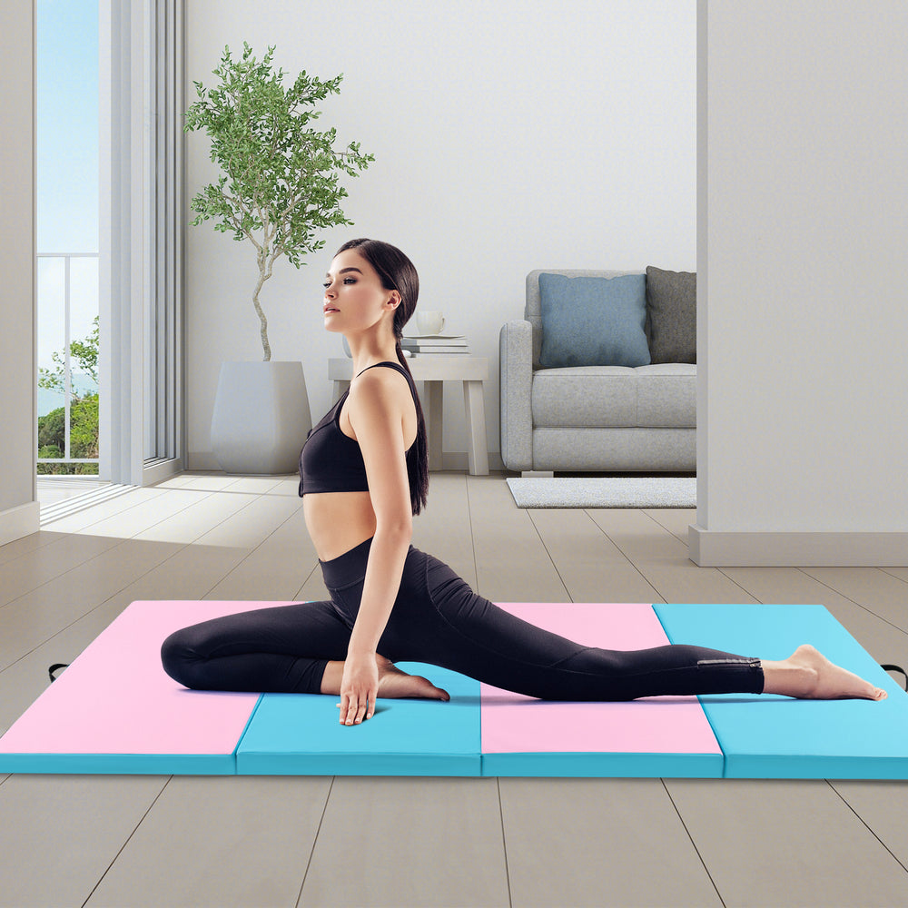 4-Panel PU Leather Folding Exercise Mat with Carrying Handles-Pink & Blue - Gallery View 1 of 11