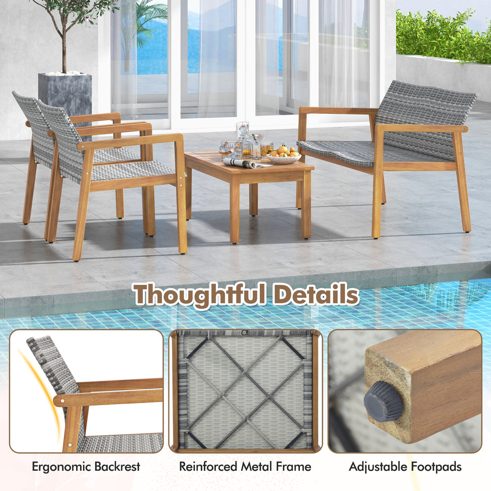 4-piece patio furniture set featuring solid acacia wood and hand-woven PE rattan, perfect for outdoor relaxation.
