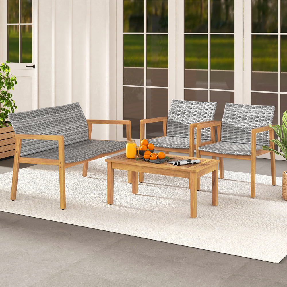 Coffee table with slatted design, made of solid acacia wood, perfect for holding drinks and snacks on your patio.