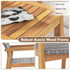 Close-up of the robust acacia wood frame with slatted tabletop, showcasing its natural finish for outdoor patio use.