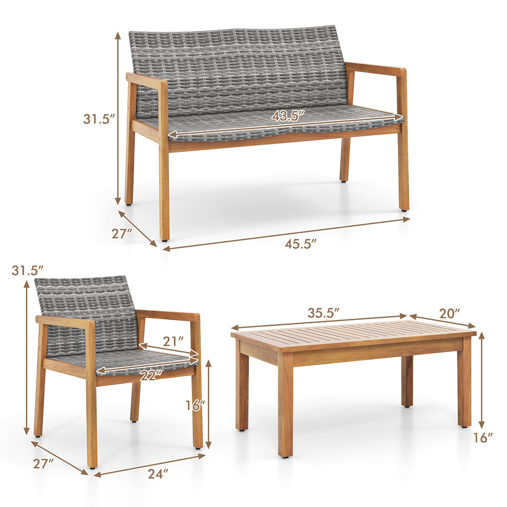 4-piece patio furniture set featuring a loveseat, single chairs, and coffee table made of solid acacia wood and PE.
