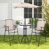 Outdoor bar set featuring two beige folding chairs, a round glass table, and a sun-proof umbrella for patio enjoyment.