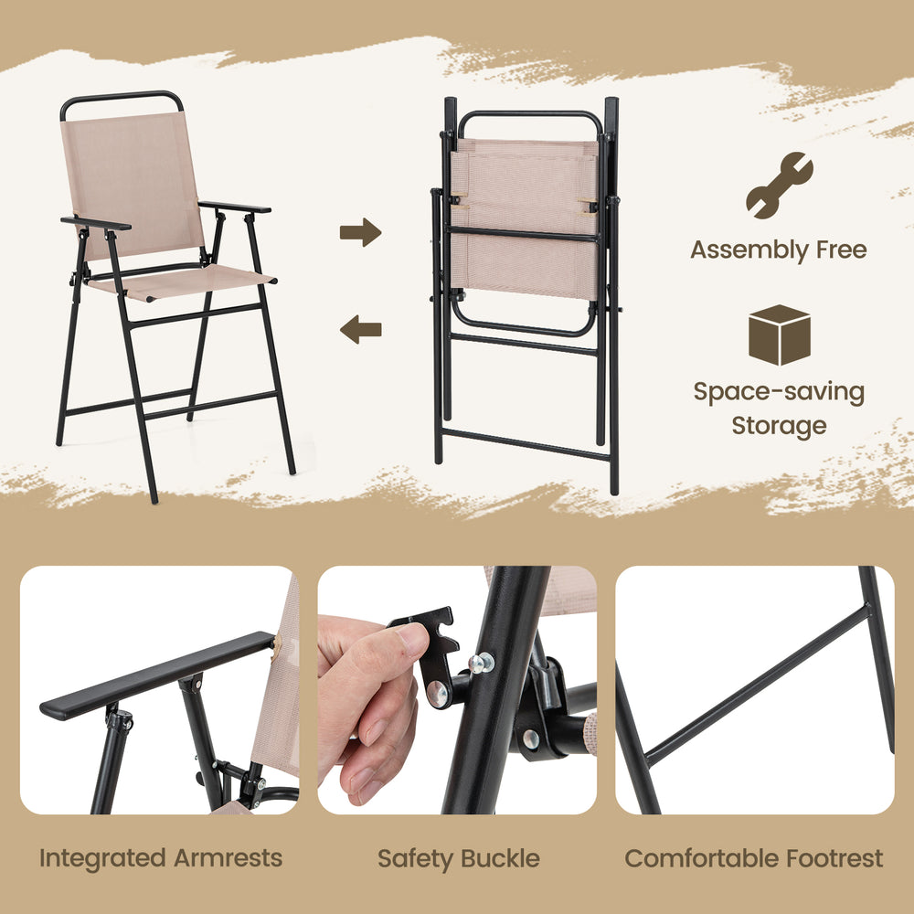 Folding chair with integrated armrests and safety buckle, featuring beige quick-drying fabric for outdoor bar set.