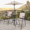 Outdoor bar set featuring a round table and two beige folding chairs with a sun-proof umbrella for patio enjoyment.
