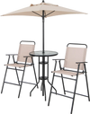 High-top bar table with round tempered glass and umbrella hole, designed for outdoor gatherings and easy maintenance.