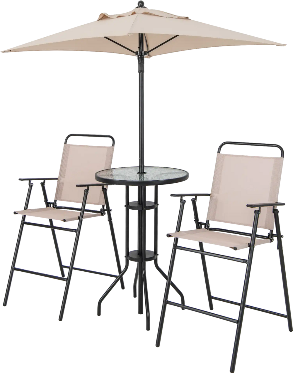 High-top bar table with round tempered glass and umbrella hole, designed for outdoor gatherings and easy maintenance.