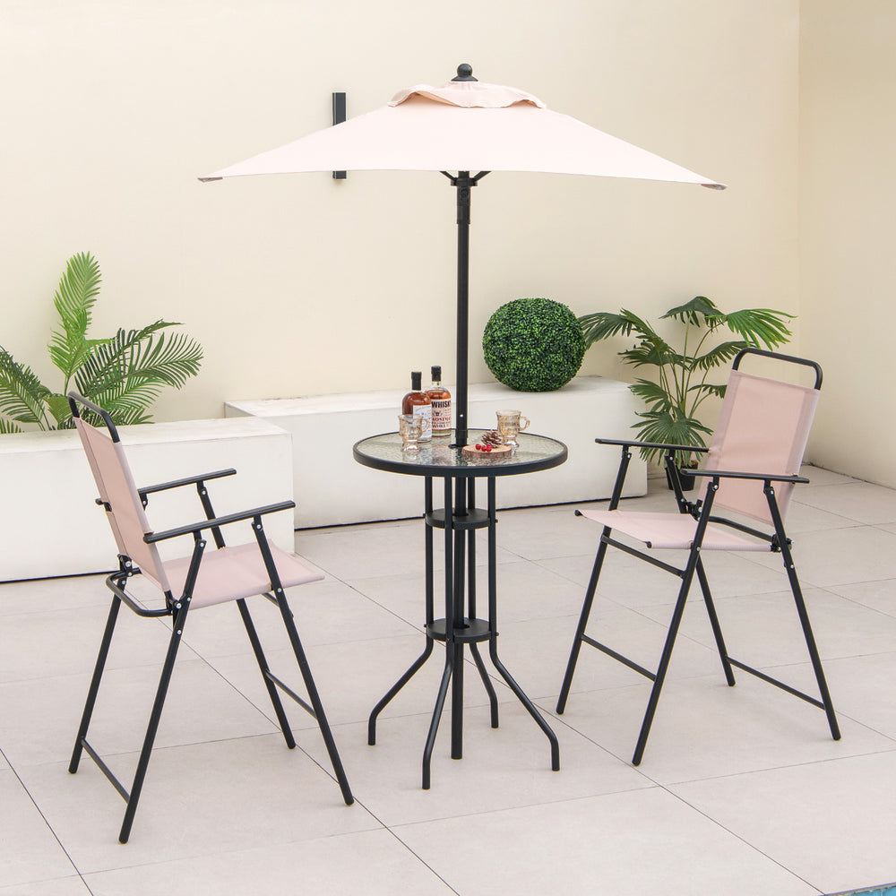 Outdoor bar set featuring a round glass table, two folding chairs, and a beige umbrella for stylish patio dining.