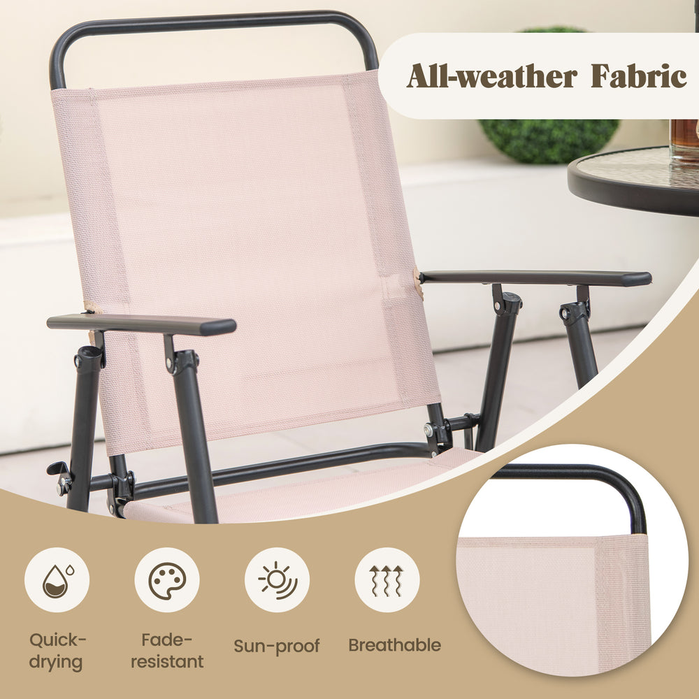 Close-up of the folding chair with quick-drying, fade-proof fabric, designed for outdoor bar set comfort and durability.