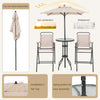 Outdoor bar set featuring a beige umbrella, round glass tabletop, and two folding chairs for versatile outdoor.