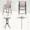 Folding chair and round bar table from the 4 Pieces Outdoor Bar Set with Beige umbrella for outdoor enjoyment.