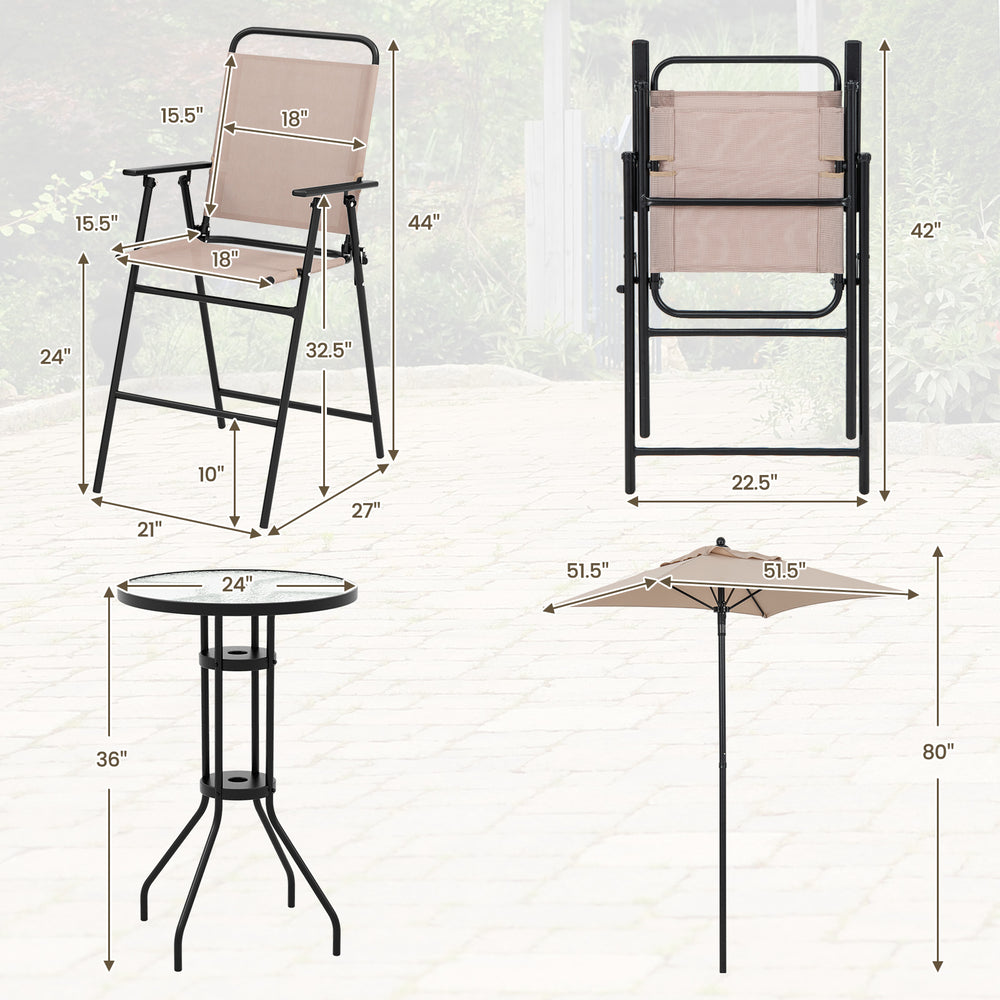 Folding chair and round bar table from the 4 Pieces Outdoor Bar Set with Beige umbrella for outdoor enjoyment.