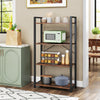4-tier industrial bookshelf in rustic brown with metal frame, ideal for displaying books and kitchen items.