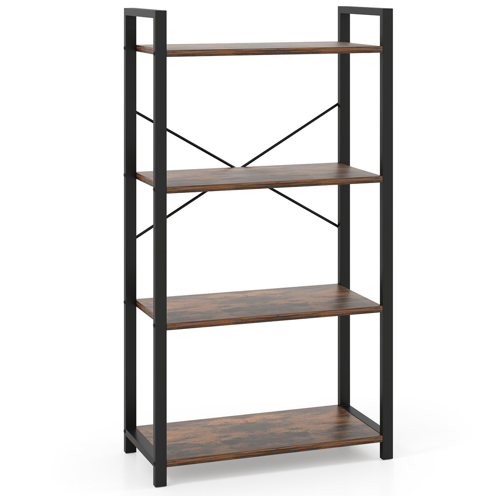 4-tier bookshelf with heavy-duty metal frame in rustic brown, ideal for displaying books and decor in any room.