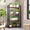 4-tier industrial bookshelf in rustic brown with metal frame, showcasing potted plants and decorative items in a living.