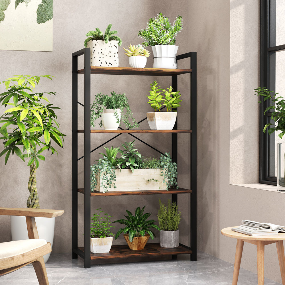 4-tier industrial bookshelf in rustic brown with metal frame, showcasing potted plants and decorative items in a living.