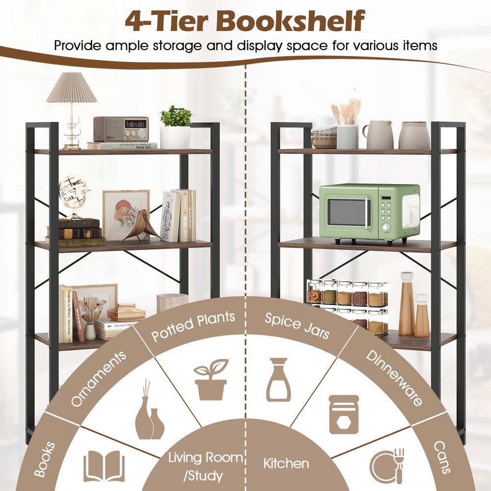 4-tier bookshelf in rustic brown with heavy-duty metal frame, ideal for displaying books and decor in living room or.