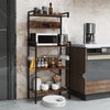 4-tier kitchen bakers rack in rustic brown with power outlets, 8 hooks, and sturdy metal frame for versatile storage.