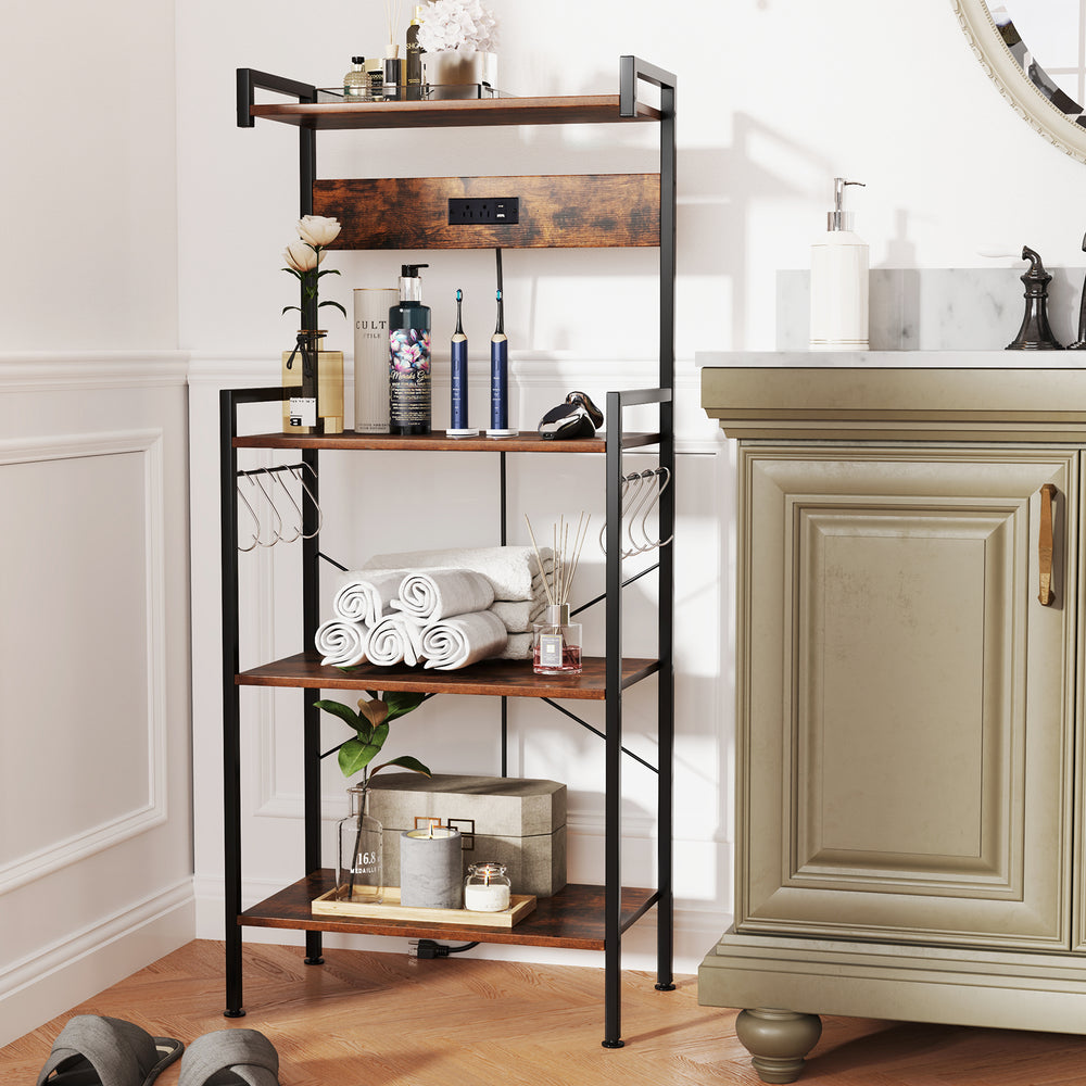 4-tier rustic brown kitchen bakers rack with power outlet, 8 hooks, and sturdy metal frame for versatile storage.