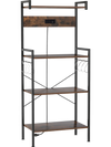 4-tier kitchen bakers rack in rustic brown with power outlet, 8 hooks, and sturdy metal frame for versatile storage.