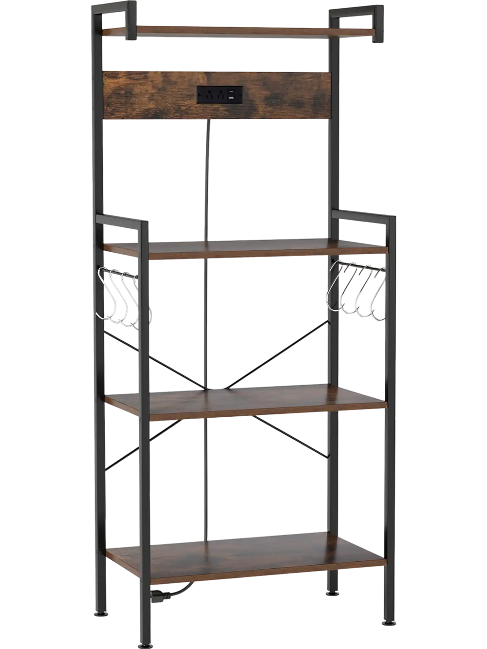 4-tier kitchen bakers rack in rustic brown with power outlet, 8 hooks, and sturdy metal frame for versatile storage.