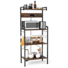 4-tier kitchen bakers rack in rustic brown with power outlet, shelves, and 8 hooks for versatile storage solutions.