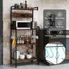 4-tier kitchen bakers rack in rustic brown showcasing 4 shelves, 8 hooks, and a USB port for convenient kitchen.