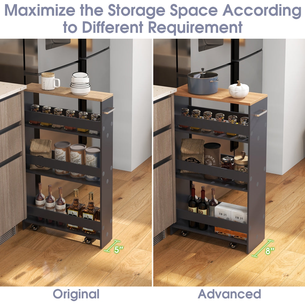 4-tier gray rolling storage cart with open shelves, wider tabletop, and handle, ideal for kitchen organization.
