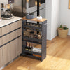 Slim gray 4-tier rolling storage cart with open shelves, handle, and lockable casters for kitchen organization.