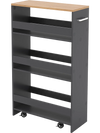 4-tier rolling storage cart in gray with wood top, designed for narrow spaces, featuring open shelves and a push handle.