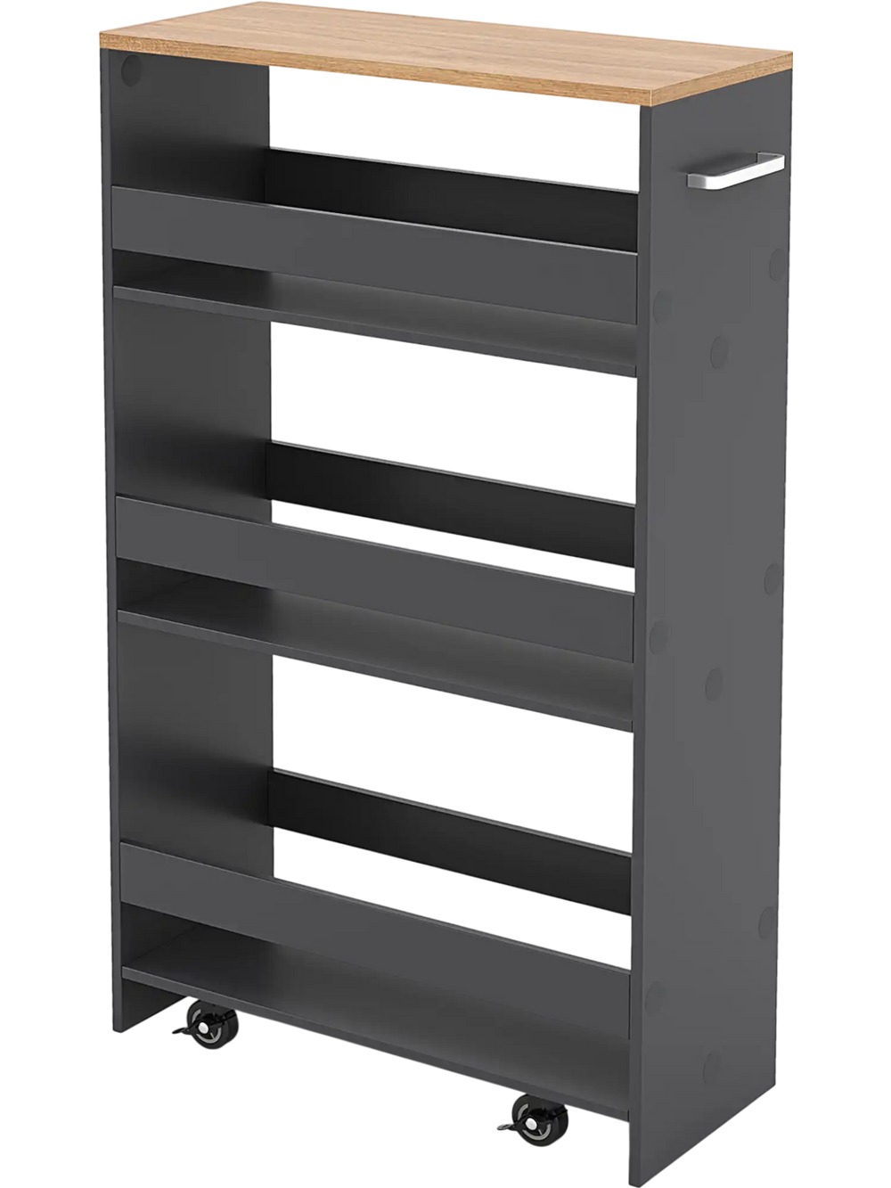 4-tier rolling storage cart in gray with wood top, designed for narrow spaces, featuring open shelves and a push handle.