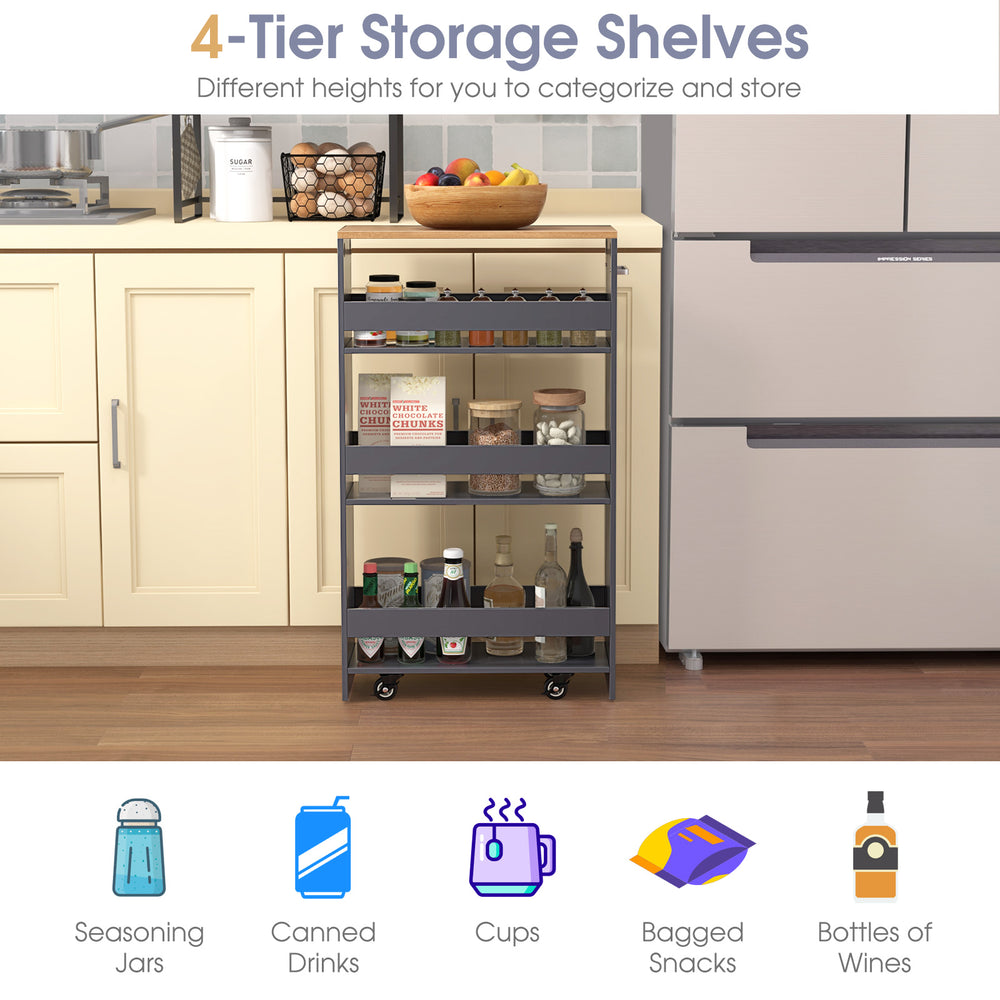 4-tier rolling storage cart in gray with open shelves, designed for organizing kitchen items, featuring a push handle.
