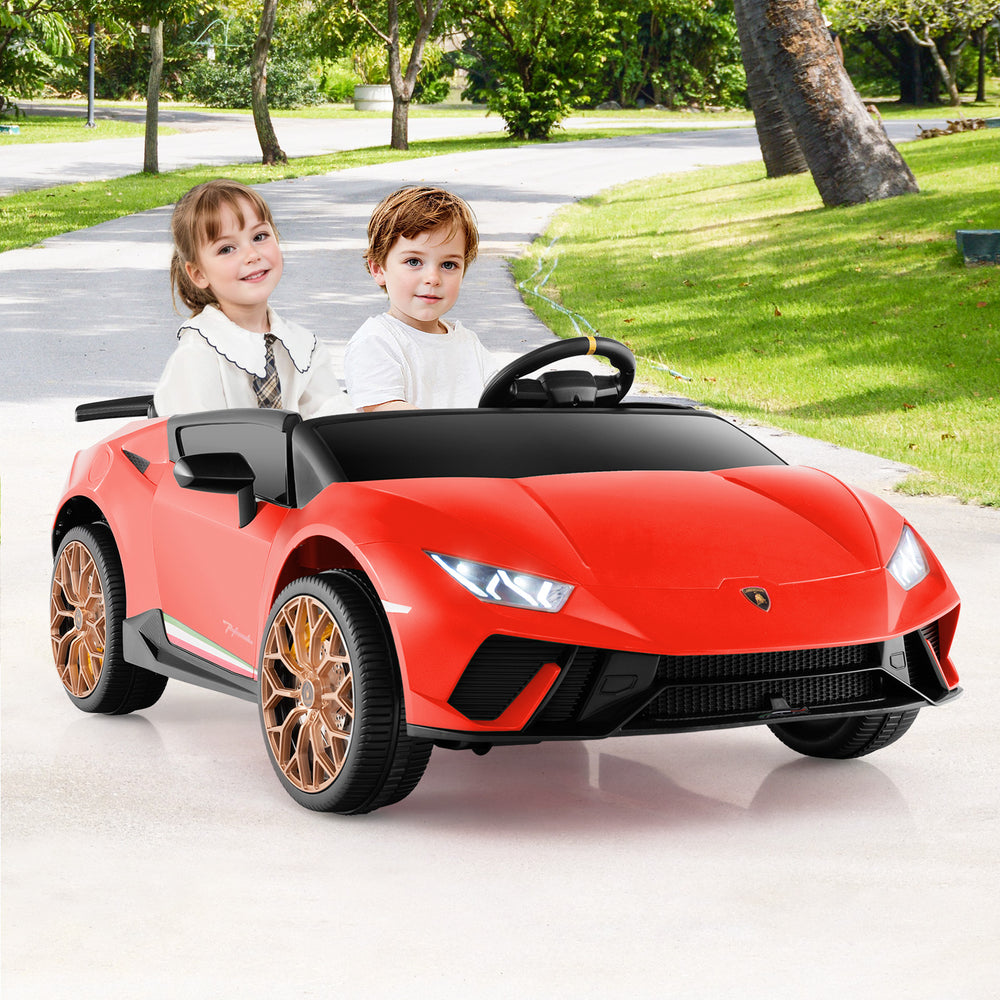 Red 24V ride-on Lamborghini car for kids, featuring 2-seater design, remote control, and realistic driving experience.