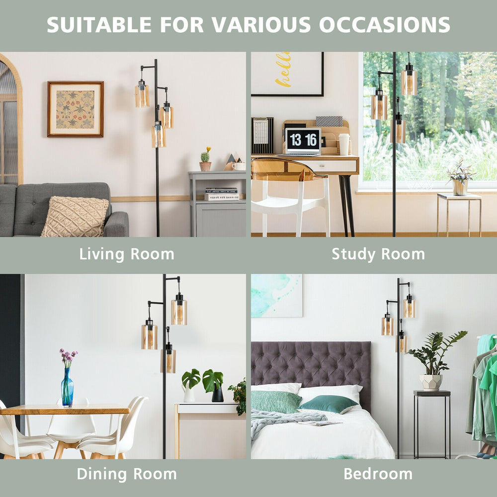Retro floor lamp with 3-head amber glass shades, ideal for living room, bedroom, and study room lighting.