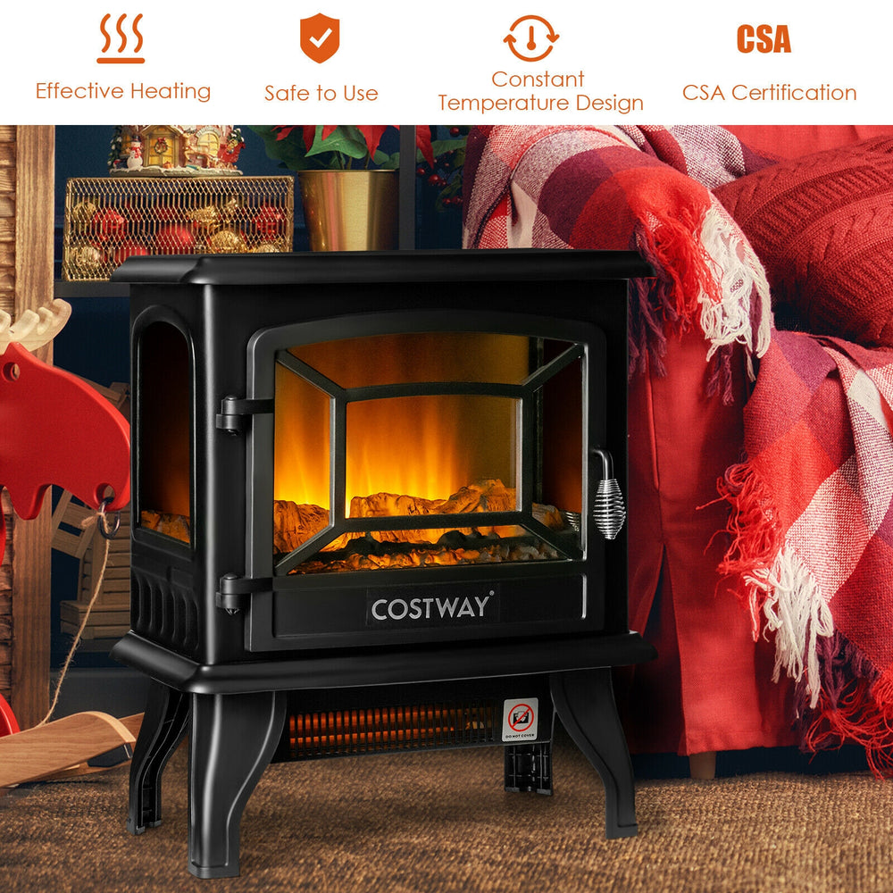 Freestanding electric fireplace heater in black featuring a detailed view of the realistic flame and openable door.