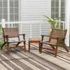 Two outdoor wooden patio chairs with rattan seats and a solid wood coffee table, perfect for garden relaxation.