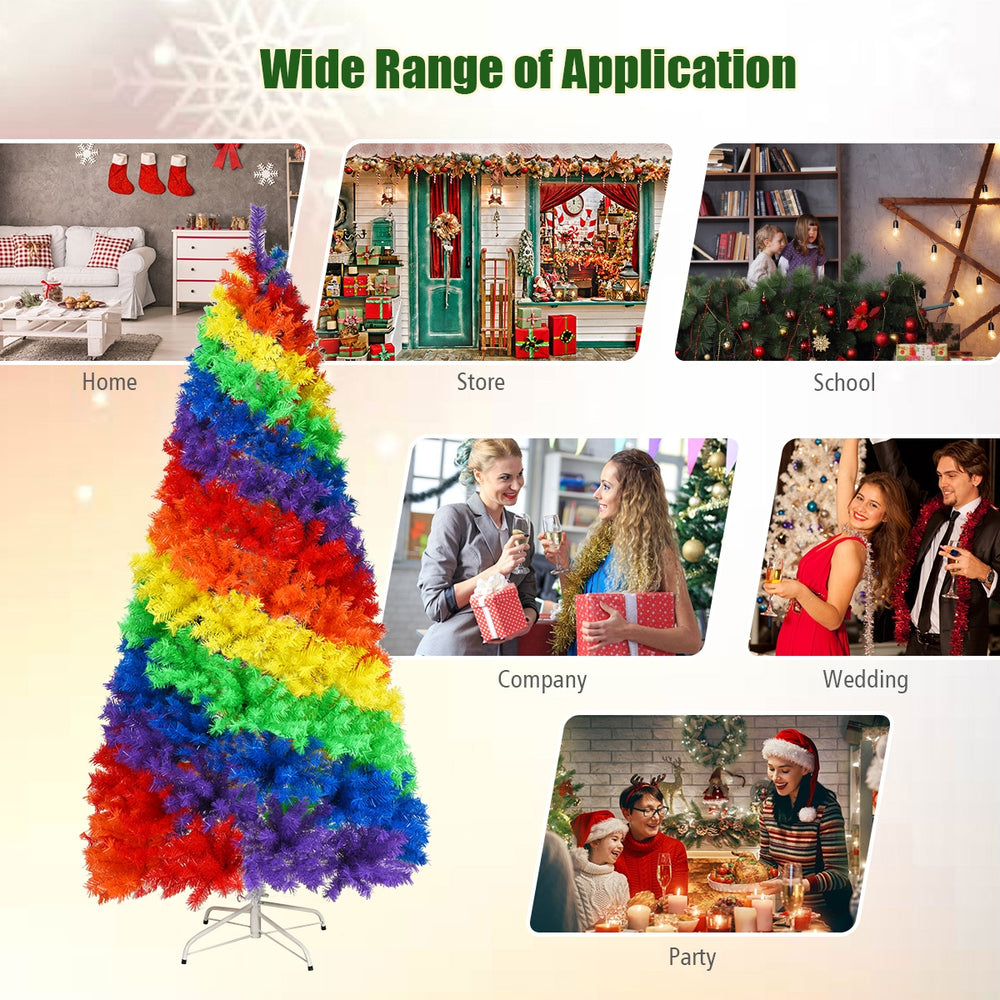 7 feet colorful rainbow Christmas tree with 1213 branch tips, ideal for indoor and outdoor holiday decoration.