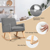 Upholstered rocking chair with gray fabric, solid wood base, and ergonomic design for comfort in living room or bedroom.