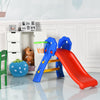 Kids plastic folding slide with basketball hoop in blue and red, designed for indoor play and motor skill development.