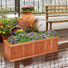 Wooden decorative planter box made of natural fir, featuring vibrant flowers, ideal for garden or patio use.