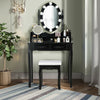 Black makeup dressing table with lighted mirror, cushioned stool, and ample storage for cosmetics in an elegant design.