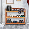 3-tier acacia wood shoe rack with side metal hooks, featuring removable shelves for versatile storage in any room.